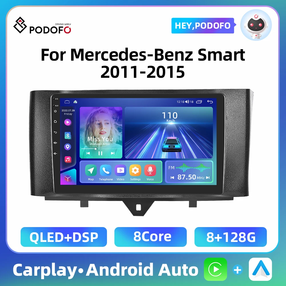 Podofo 2 Din Android Car Radio For Mercedes-Benz Smart 2011-2015 AI Voice 4G WIFI DSP GPS Navigation Head Unit Stereo Autoradio