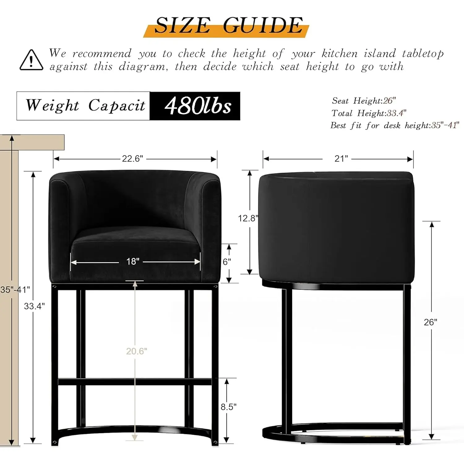 Modern Counter Height Bar Stools,Bar Stools Set of 2,Velvet Fabric Upholstered Barrel Barstools with Backs, Customized