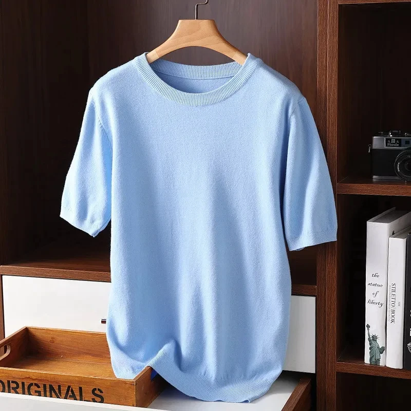 Superfine Merino Wool Knitted Short Sleeve Loose Large Size Round Neck T Half Sleeve Shirt Solid Color Simple Business Men Wear