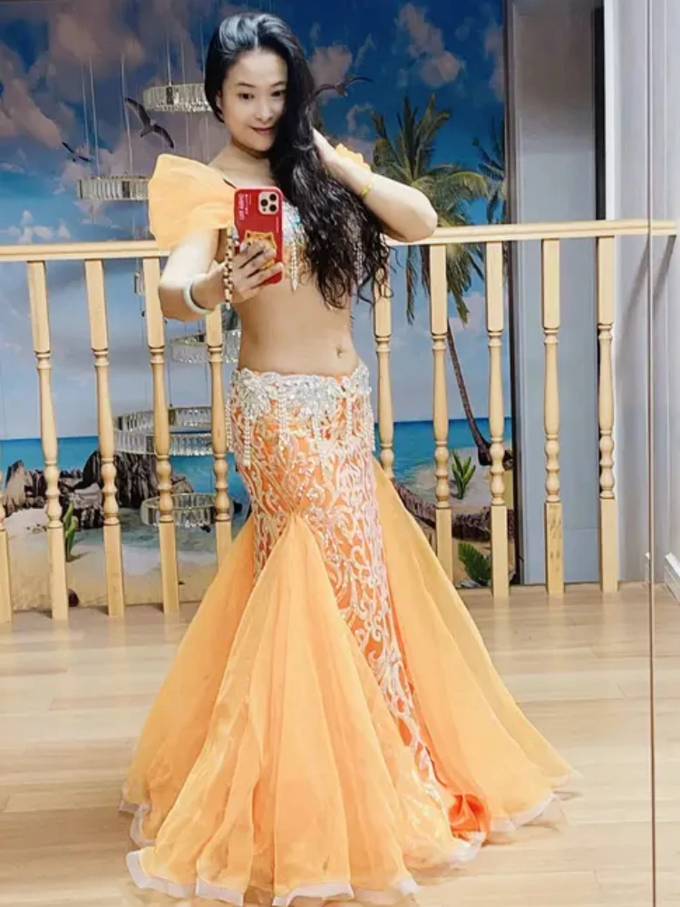 BellyDance Costume Customized Luxury Rhinestone Bra+senior Chiffon Long Skirt 2pcs Women's Oriental Dance Performance Clothing