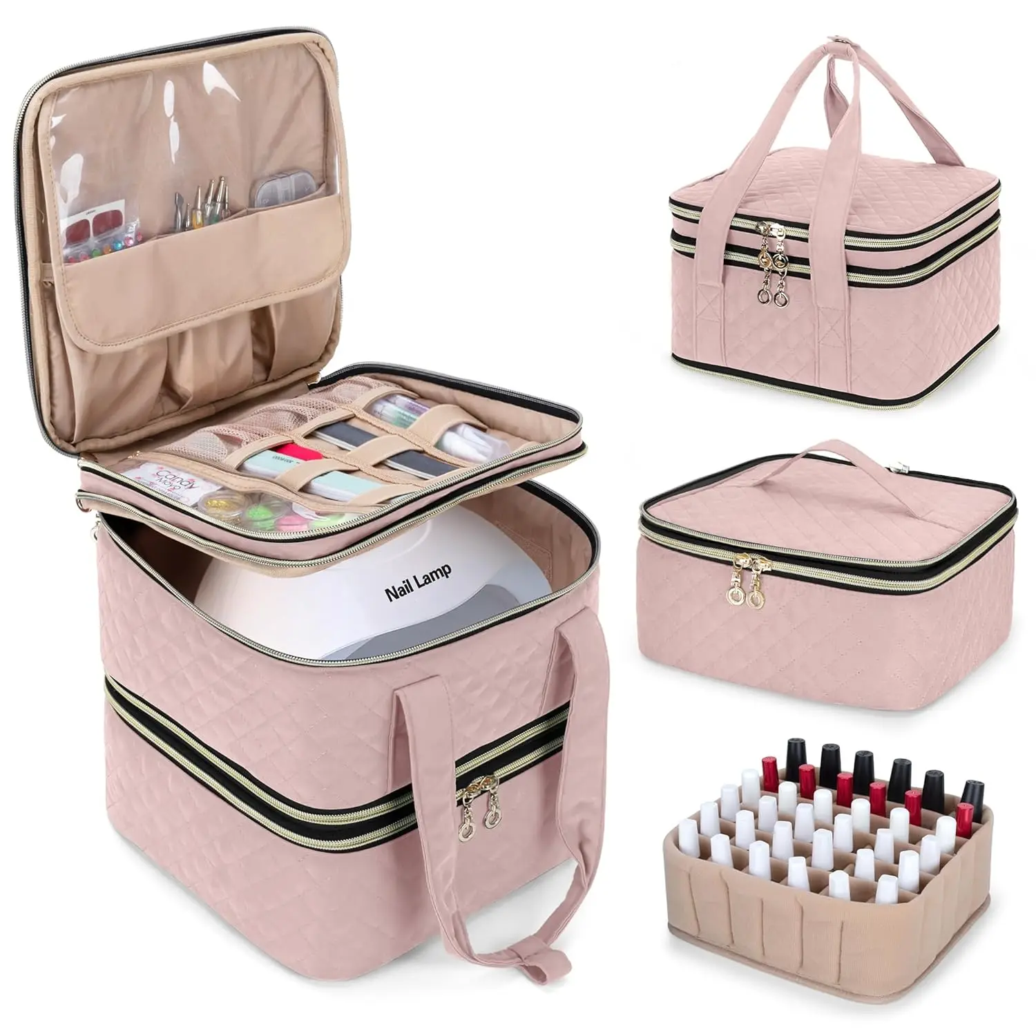 Estuche Organizador para 72 Esmaltes de Uñas, Desmontable de 3 Niveles con Divisores Extraíbles para Herramientas, Color Rosa Empolvado