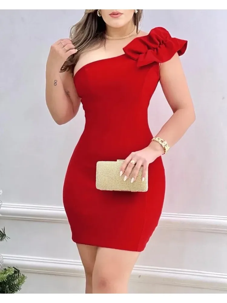 Sexy Mini Dress Women 2024 Summer New Fashion One Shoulder Ruffle Hem Bodycon Dress Elegant  Woman Clothing Party Dresses