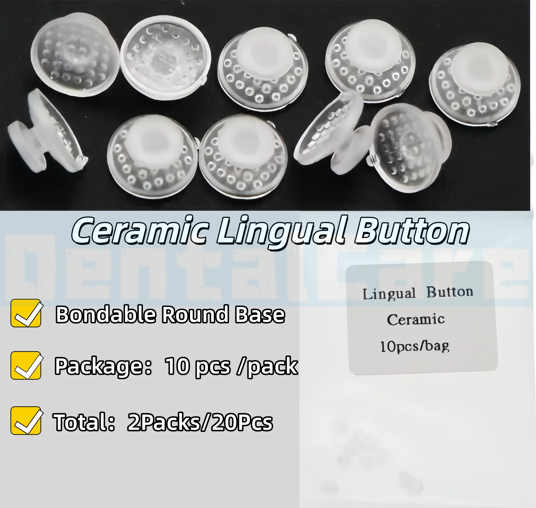 2Packs/20PcsDental Orthodontic Bondable White Clear Ceramic Lingual Buttons Bonding Round Base Mesh