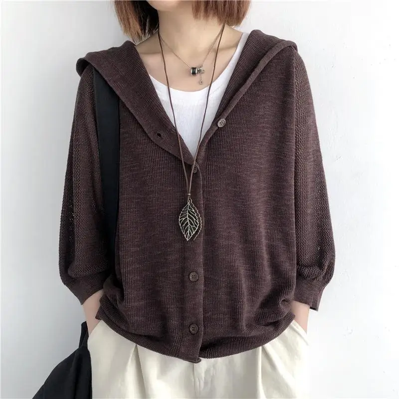 Women\'s Spring Summer New Commute Solid Color Loose Large Hooded Thin Sweater Hollow Out 3/4 Sleeve Button Knitted Cardigan Coat