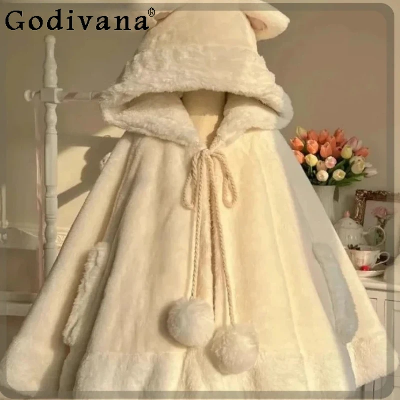 

Sweet and Cute Women's Woolen Loose Fashion Versatile Cape Japanese White Lace Up Hooded Coat