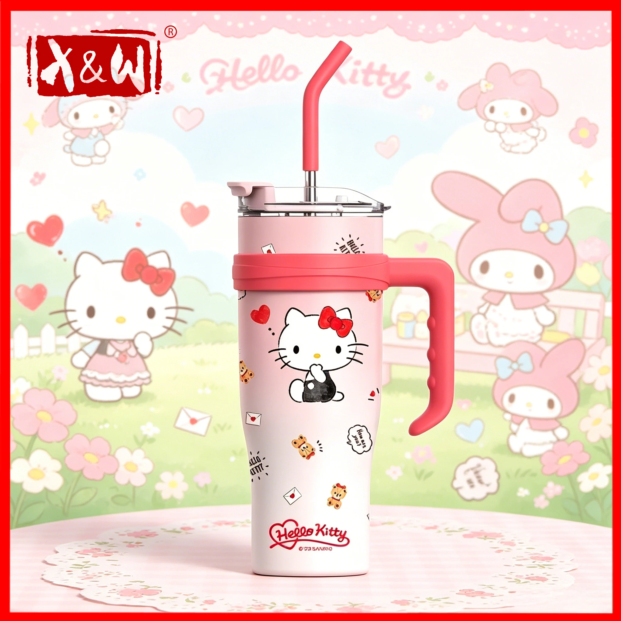 X&W 1200ml Sanrio Ice King Cup Thermos Edelstahl Niedlicher Großvolumiger Strohhalm-Becher Tragbarer Isolierbecher Kulomi Kreatives Geschenk