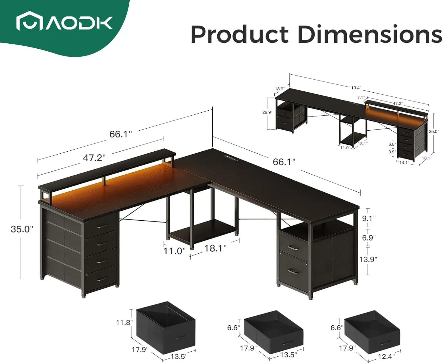 66" L Shaped Computer Desk 113" Reversible Home Office Desk with File Cabinet 4 Fabric Drawers Two Person Desk with LED Lights