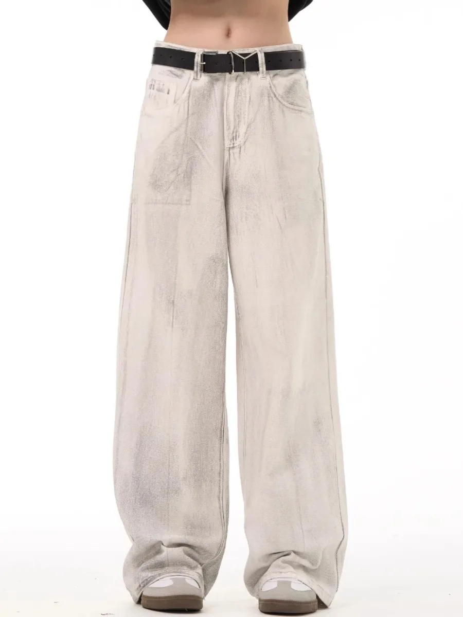 

American High Street Vintage Waed White Mud Dye Jeans Men Women Small ence Design Versatile Straight Leg Pants