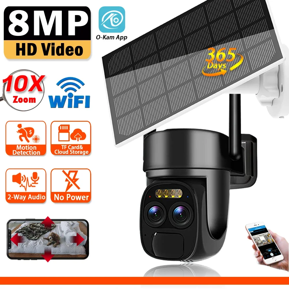 

WiFi PTZ Camera Smart Home Outdoor Wireless Solar IP Camera 8MP HD Built-in Battery Video Surveillance Camera Long Time Standby