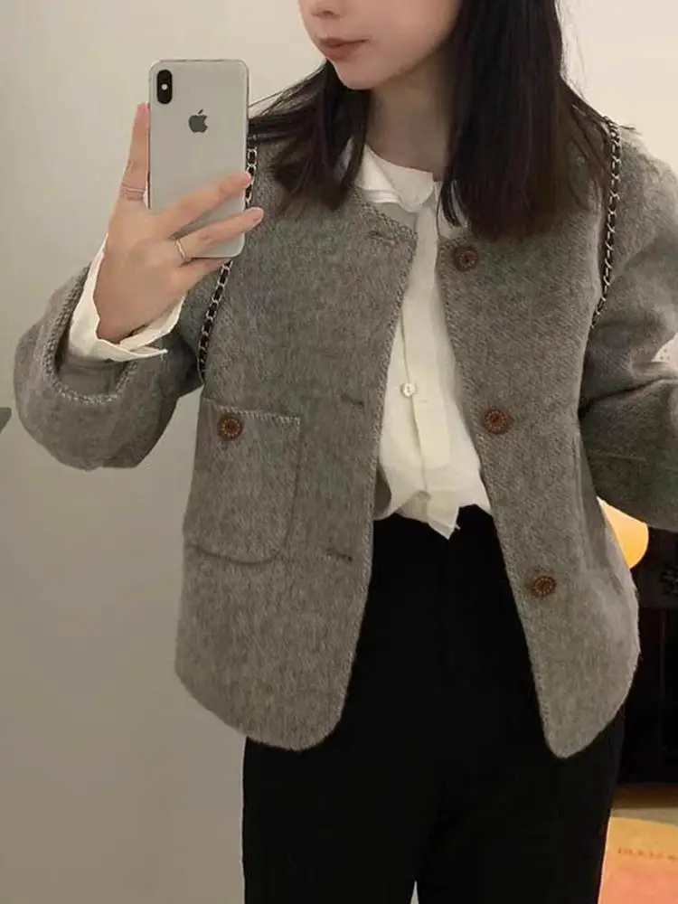 

Tweed Jacket Mid Woman Womens Autumn-Winter Quilted Plush Petite Knitwear Buttons Decorated Velvet Lace-Up Embellished Turn-Down