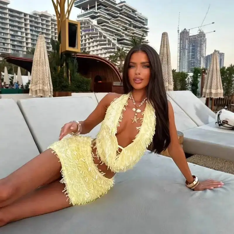 

Sexy Sequin Skirts Sets Women Slim Halter Neck Backless Sleeveless Tops Mini Skirt Female 2025 Summer Fashion Beach Lady Sets