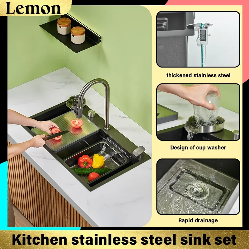 

Stainless Steel New Kitchen Sink Multifunctional Household Sinks Waterfall Large Single Slot Dish and Vegetable Wash Basin