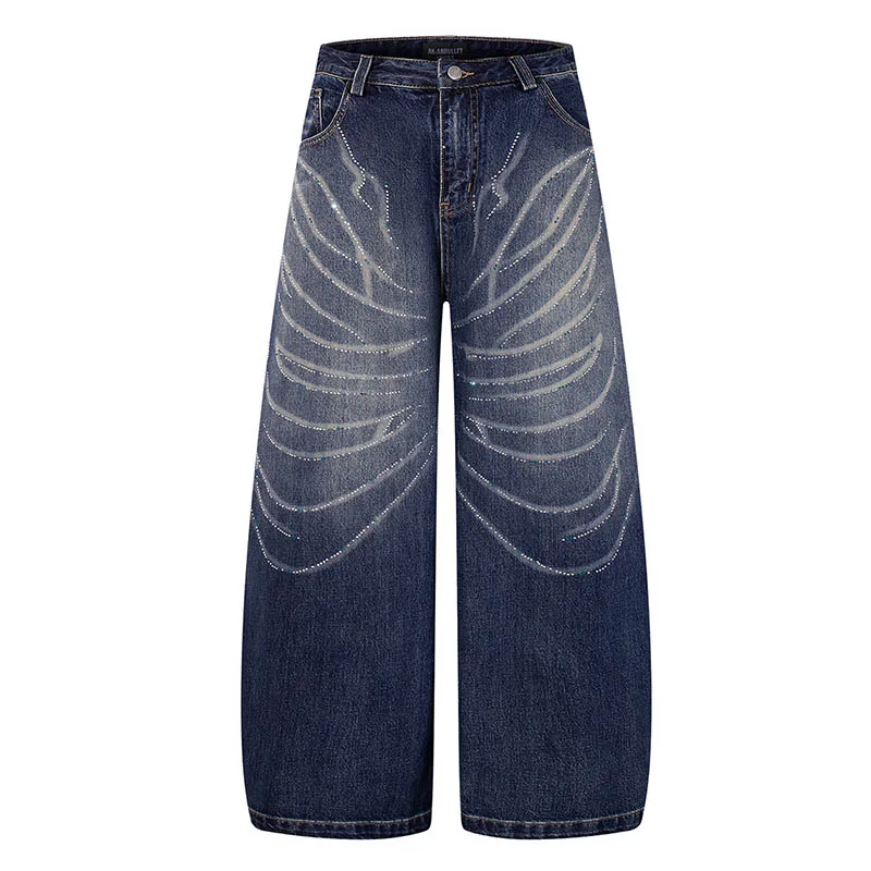 Pantaloni jeans hip-hop stampati con trapano vintage Pantaloni larghi streetwear casual in denim per uomo blu