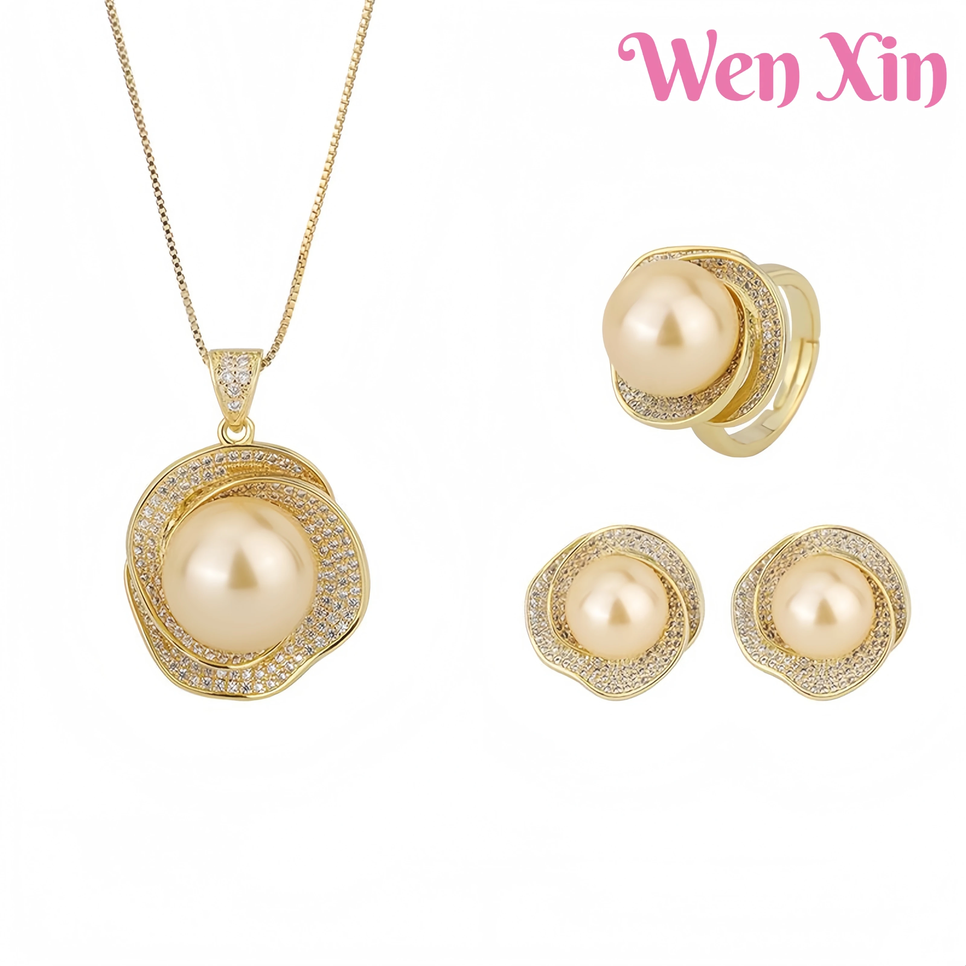 

WENXIN Brand MUSHAN MCT New Top Grade Quality 18K Golden Shell Rose Ring Pendant Earnail Set Fashion Jewelry Accessories