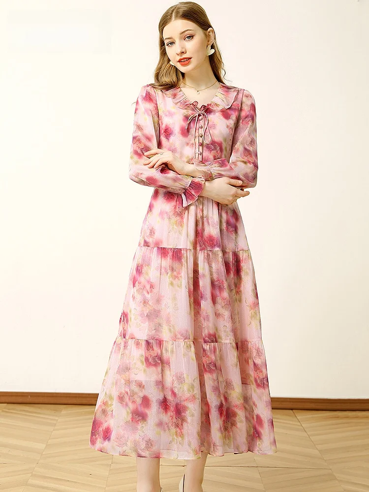 

Romantic Floral Print Maxi Dr Women's Spring 2025 Ele Gored Skirt A-Line Long Dr Polyester Fiber High Waist Button ...