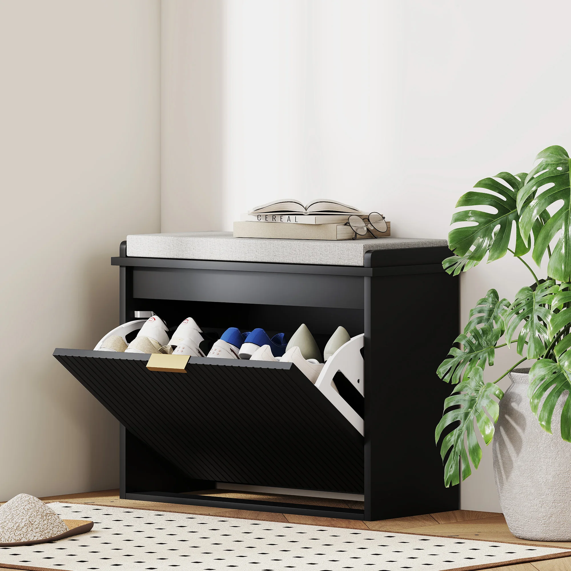 HOMCOM Narrow Shoe Bench with Padded Seat Cushion and Flip-Drawer, Small Entryway Bench Holds up to 265lb, Shoe Cabinet, 24.4x10.2x18.7 Inches, Black