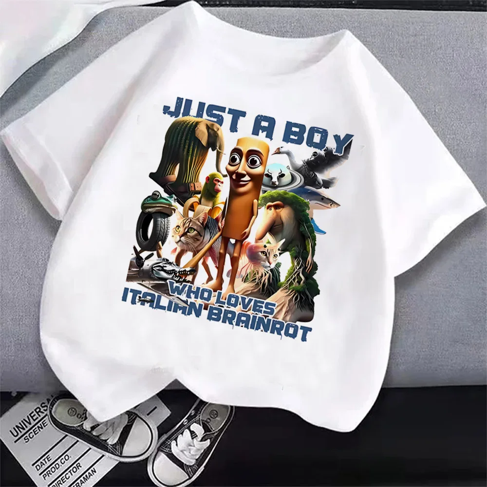 Italian Brainrot T-Shirt Kids Cartoon Anime Print Clothes Round Neck Basic Boys Tops Absorbent Casual Shirts Gift
