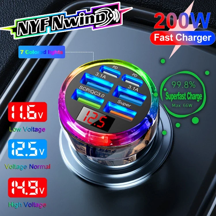 Total 200W Car Charger Super Fast Charging 6 In 1 Multi-port Voltage Car With Vehicle Digital Display Mobile car Phone Charger