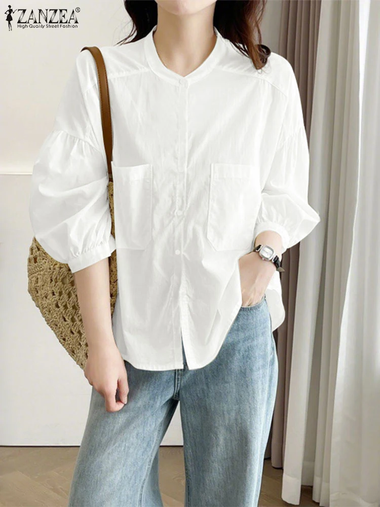 

ZANZEA Women Casual White Shirts 2025 Autumn 3/4 Lantern Sleeve O-Neck Patch Pockets Button Up Tops Korean Fashion 3 Colors