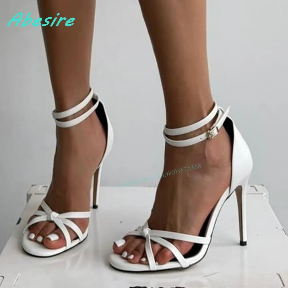 

Red Knot Hollow Out Patchwork Ankle Strap Sandals Round Toe Thin Heels Cover Heel Shoes for Women Summer Spicy Girls Party Shoes