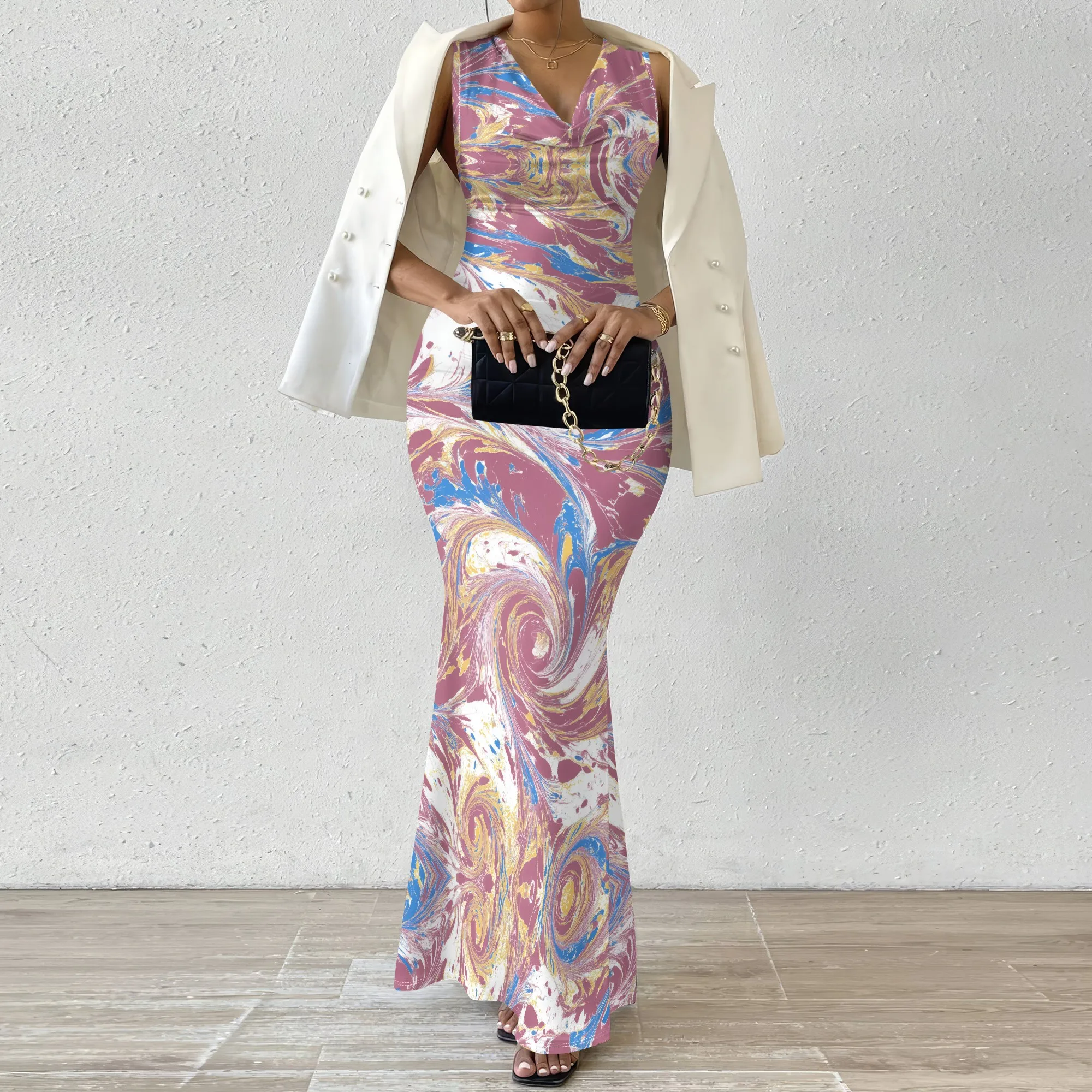 

Purple Marble Print V-Neck Maxi Dress XS-2XL | Elegant Dress for Evening Parties, Dinners, and Special Occasions