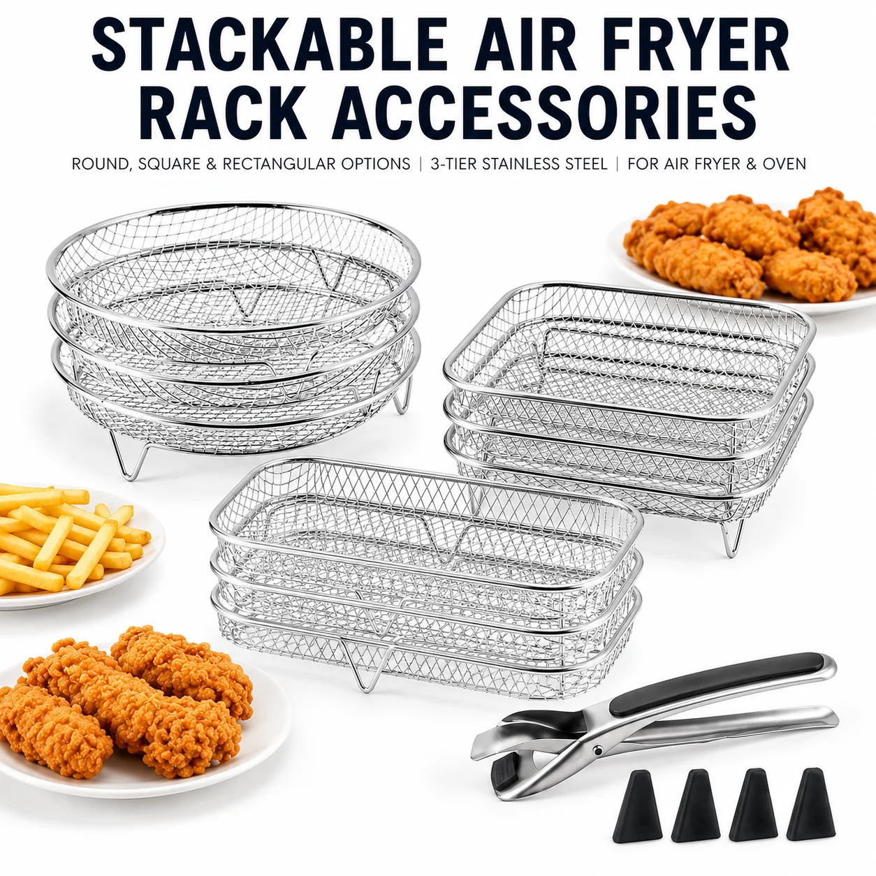 3 Tier Stackable Air Fryer Rack Set Stainless Steel Dehydrator Stand Grill For Fruit Meat Drying Kitchen Cooking Accessories