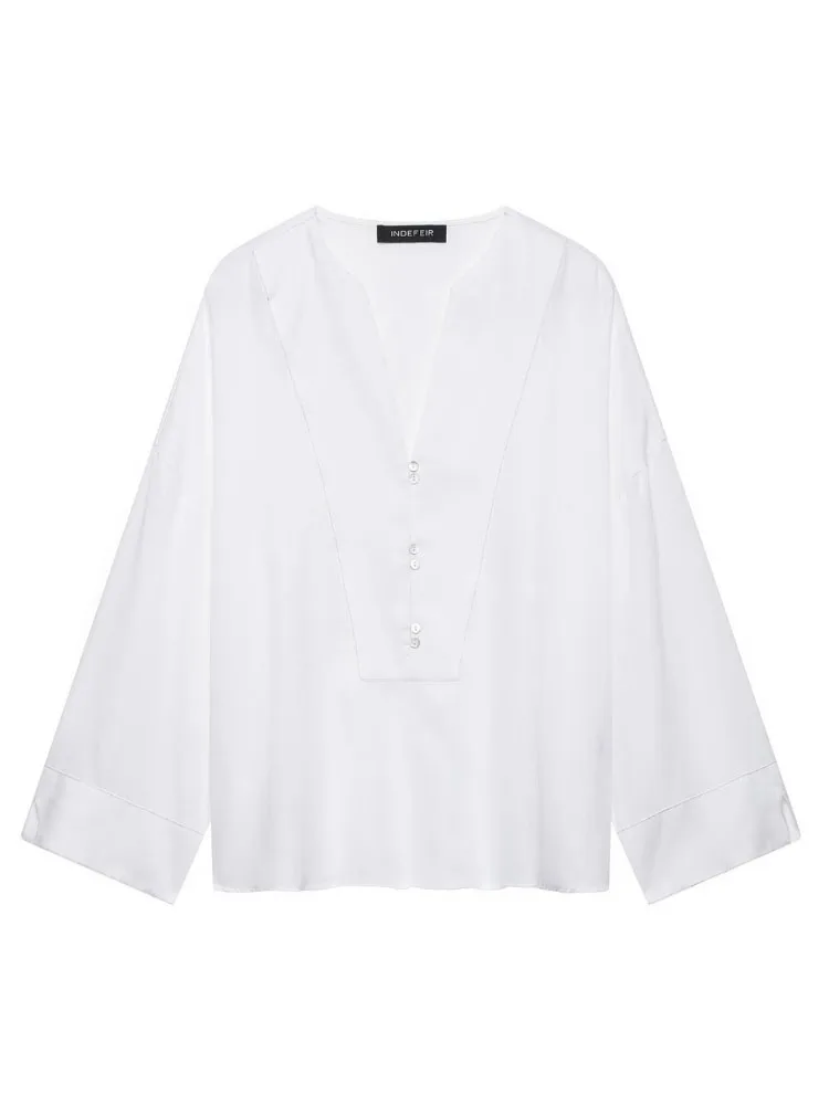 HH Women Summer Casual White Satin Blouse V Neck Long Sleeve Button Front Loose For Beach Vacation Holiday Party Daily Casual