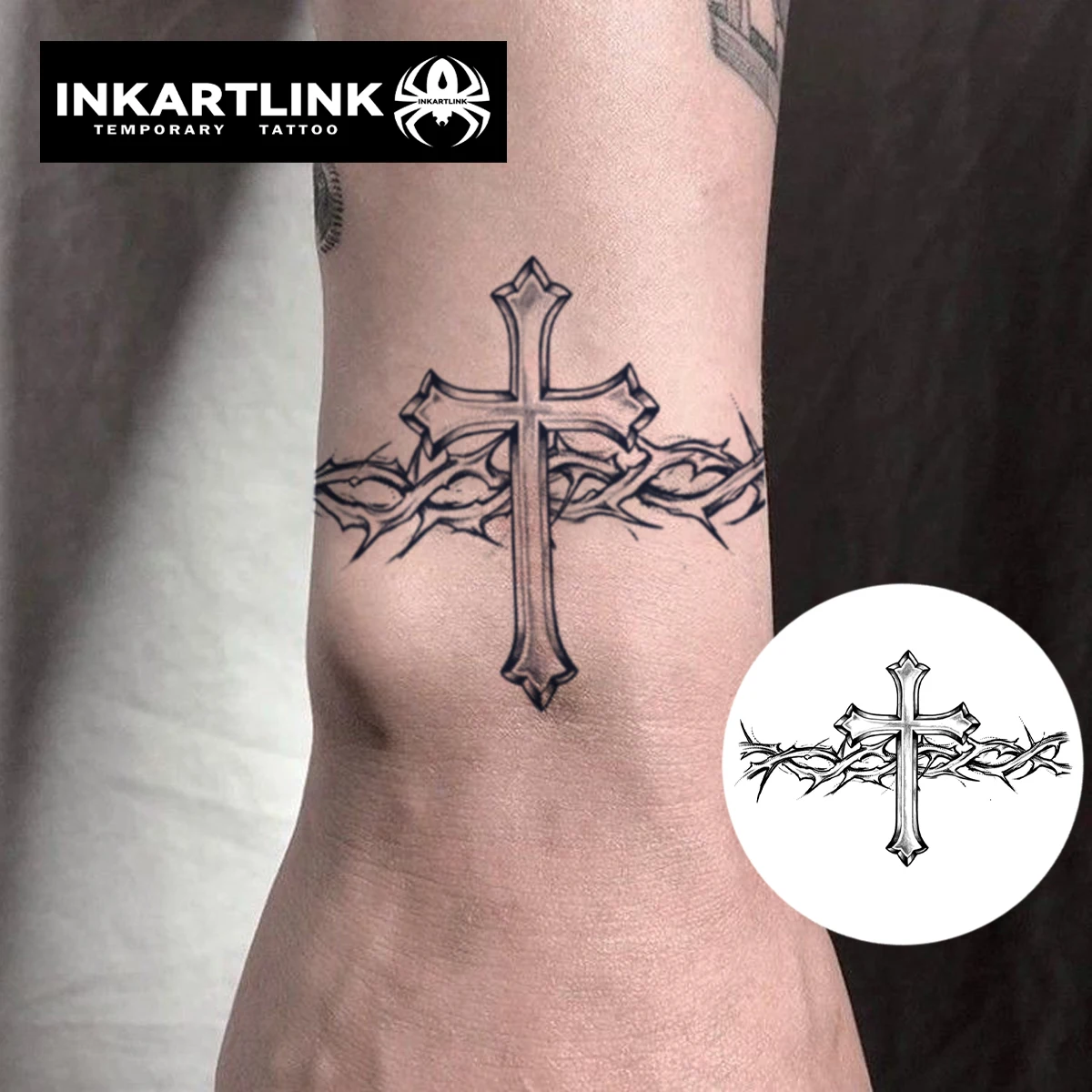 INKARTLINK Thorn Cross Tattoo Patch | Gothic Religious Tattoo | Waterproof for 15 Days | Neck and Arm Imitation Puncture Effect