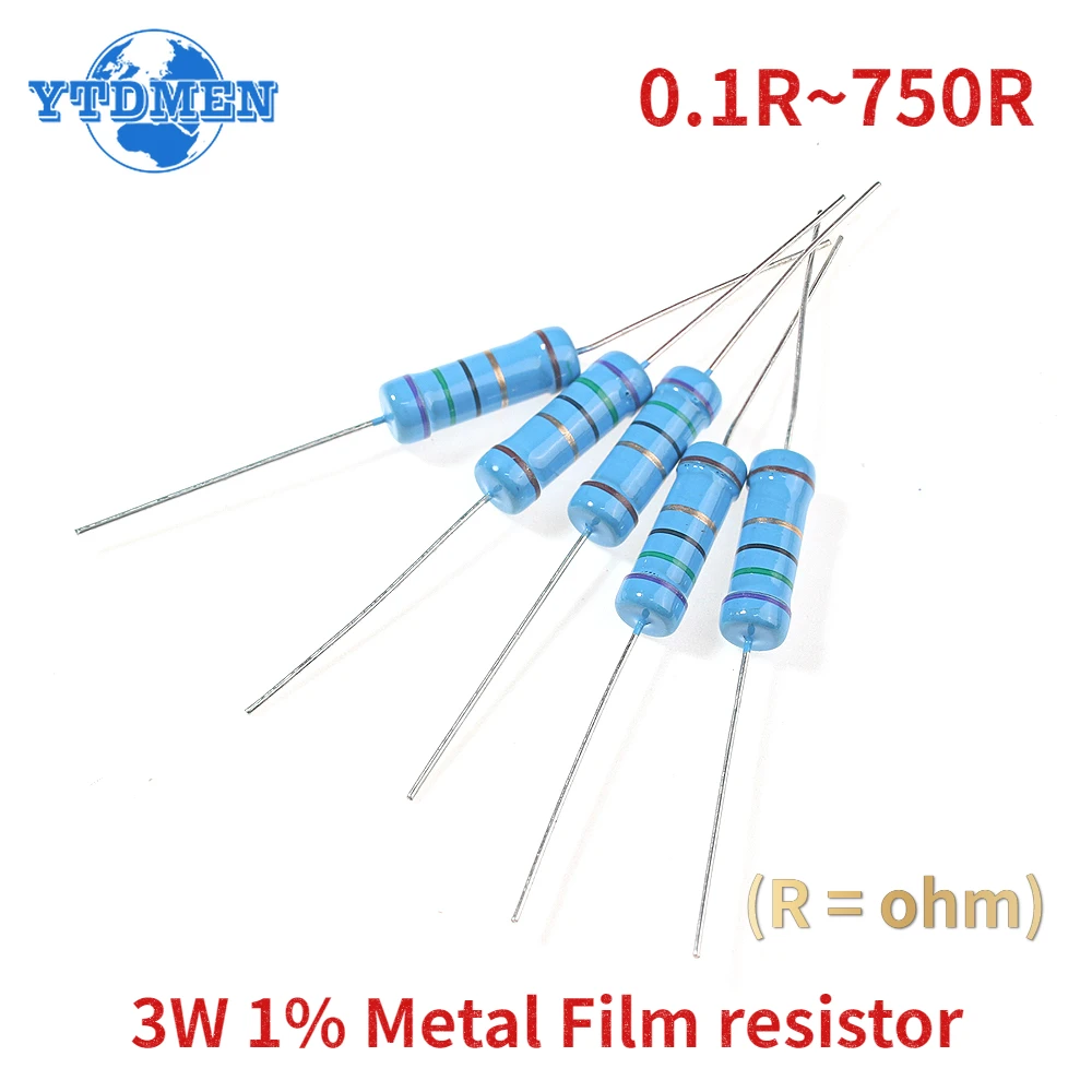 150PCS 3W 1% Metal Film Resistors kit 0.1R~750R Resistance 30 Values*5PCS resistor pack Assorted kit 10R 15R 20R 27R 0.5R 100R