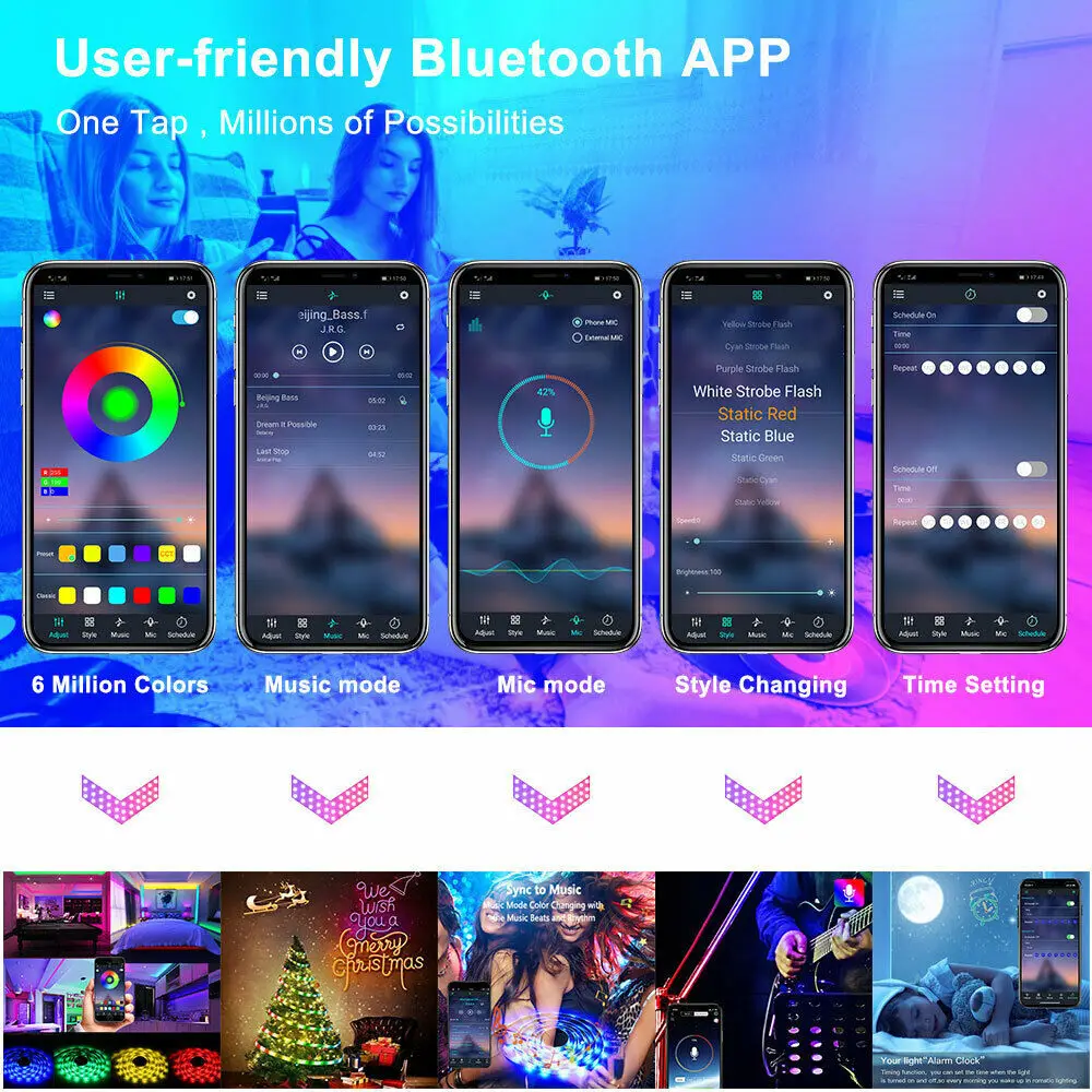 Smart WiFi App USB RGB LED Strip Kit Music Sync Control Mode Sound Activated With 44Key Remote DC5V Power for Party PC Decoratio