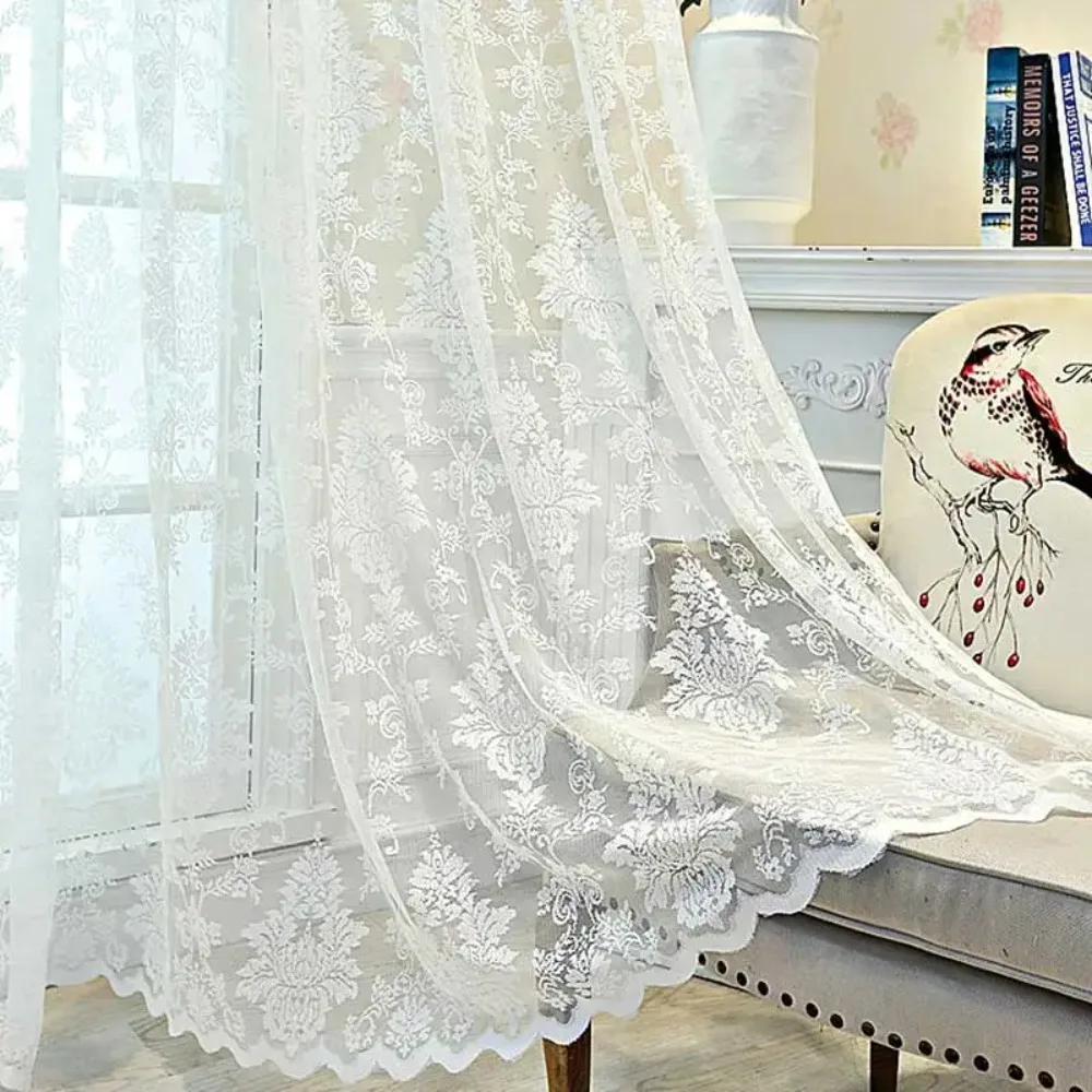 White Lace Tulle Curtains for Bedroom Floral Window Treatments European-Style Sheer Voile For Livingroom Kitchen Drape Girl Room