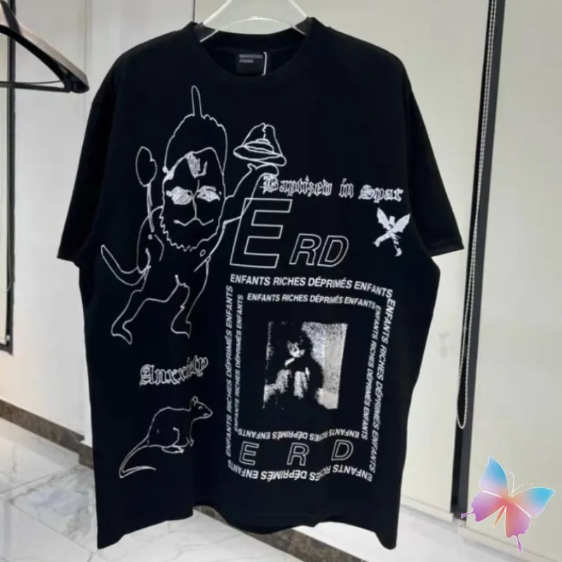 

Summer Street White Graffiti Print ERD Tshirts Cotton Round Neck Short Sleeve Tops Casual Tees Loose Black T-shirts Men Women