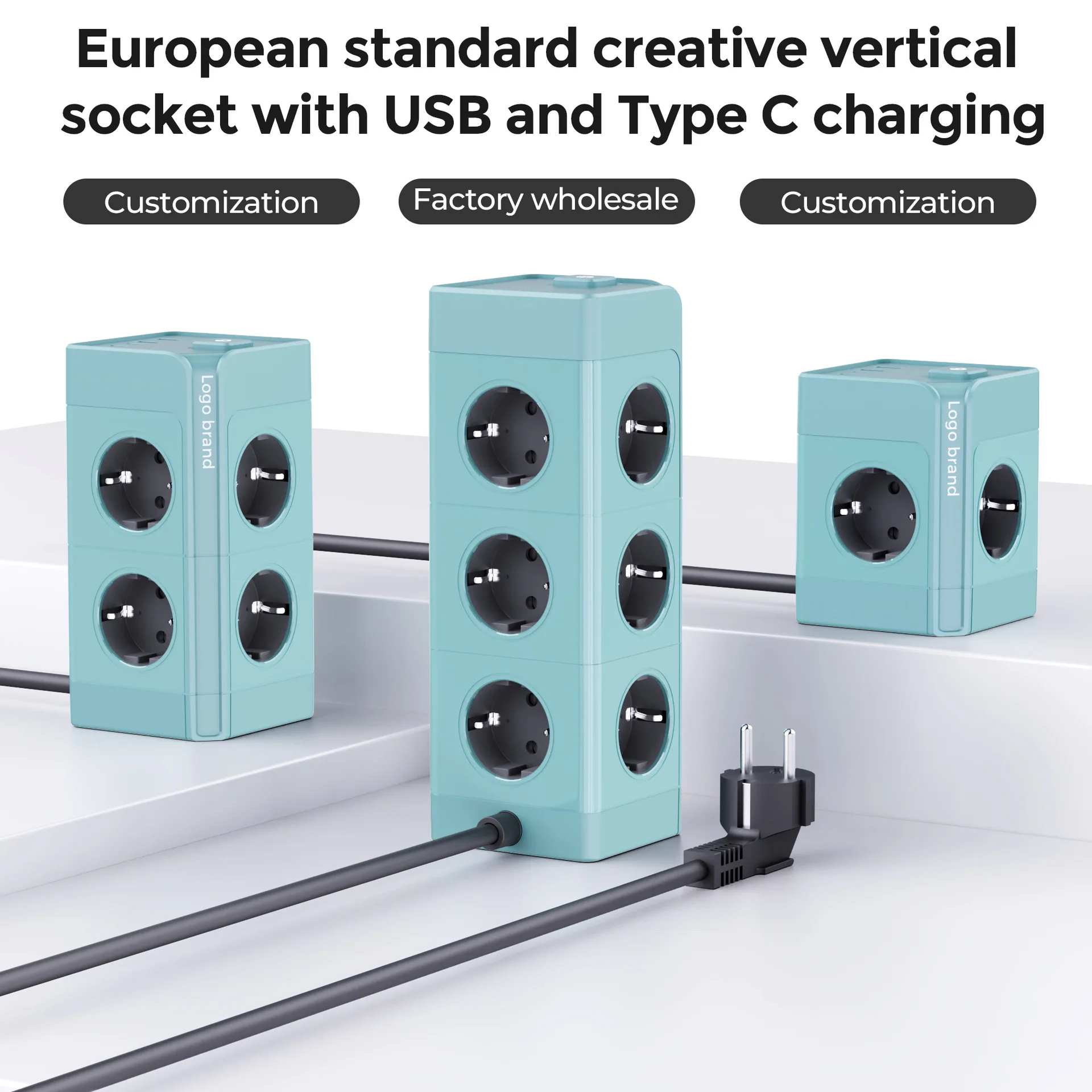 European tower multi-plug socket 16A overload protection German Batch USB power plug-in board 2-meter vertical plug-in
