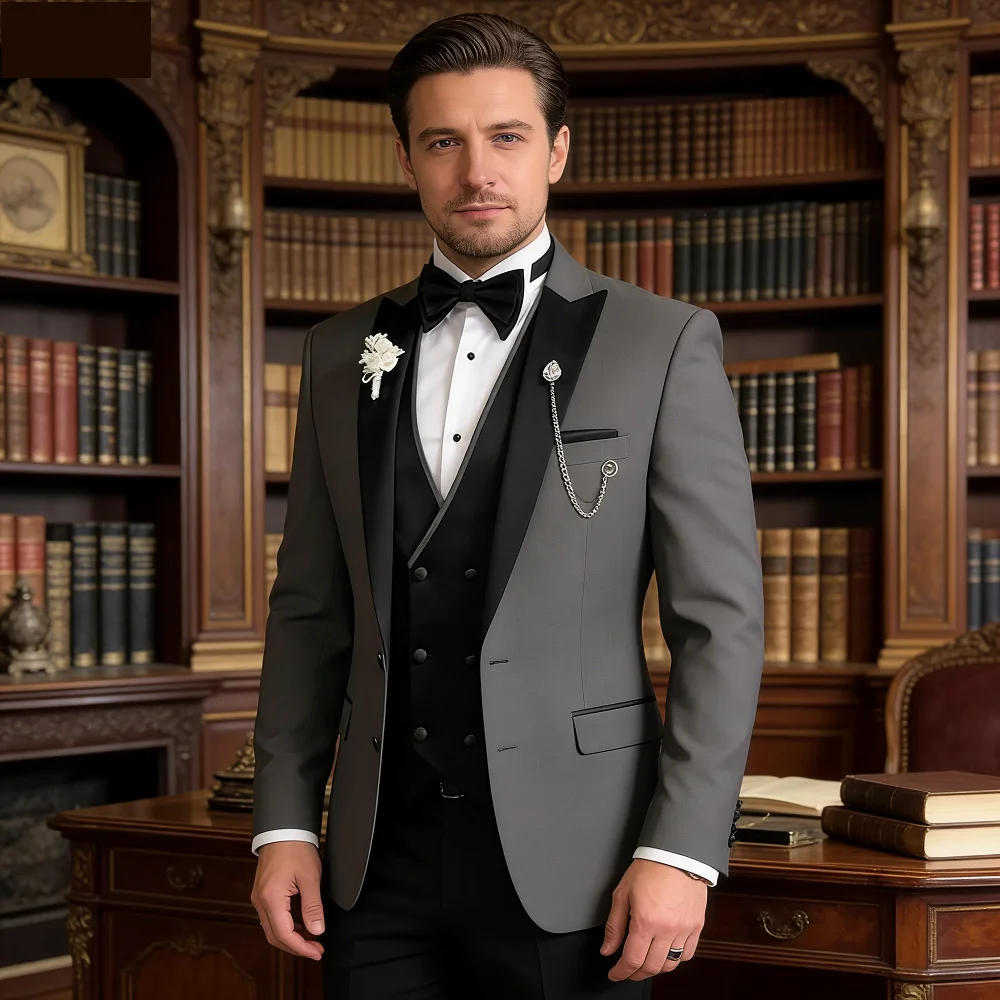 

3 Piece Wedding Suits for Men Peak Lapel Double Breasted Tuxedo Jacket Vest Pants Groom Business Fashion Party Set
