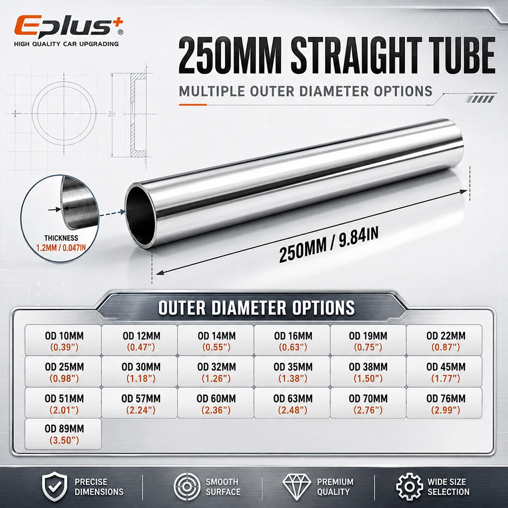 Universal 304 Stainless Steel Straight Tube 250mm Length 1.2mm Wall OD 10-89mm Round Pipe Connector Metal Tube Adapter