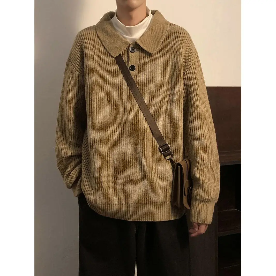 

Loose Long Sve Men's Knitted Sweater Pure Color Collar Winter Faion Ci Sle Top Coat Polyester Fiber Regular Fit