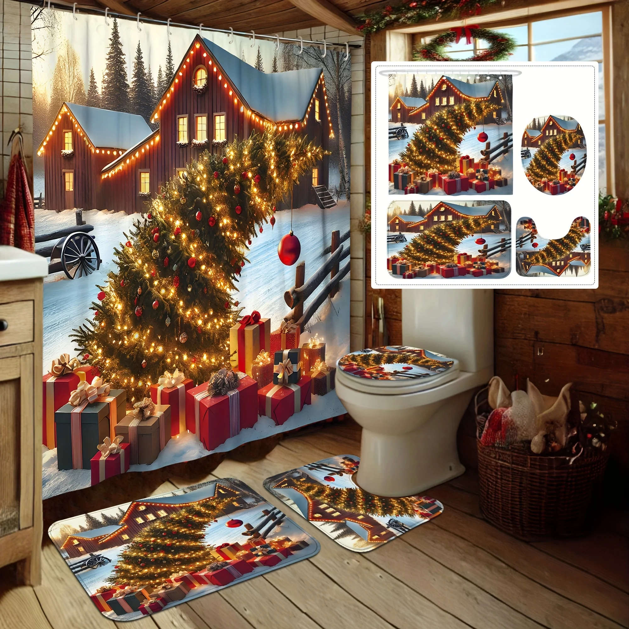 4PCS Christmas Shower Set – Tree & Ornaments Green Red Plaid 12 Hooks Non-Slip Mat U-Seat Cover Machine-Washable Holiday Decor