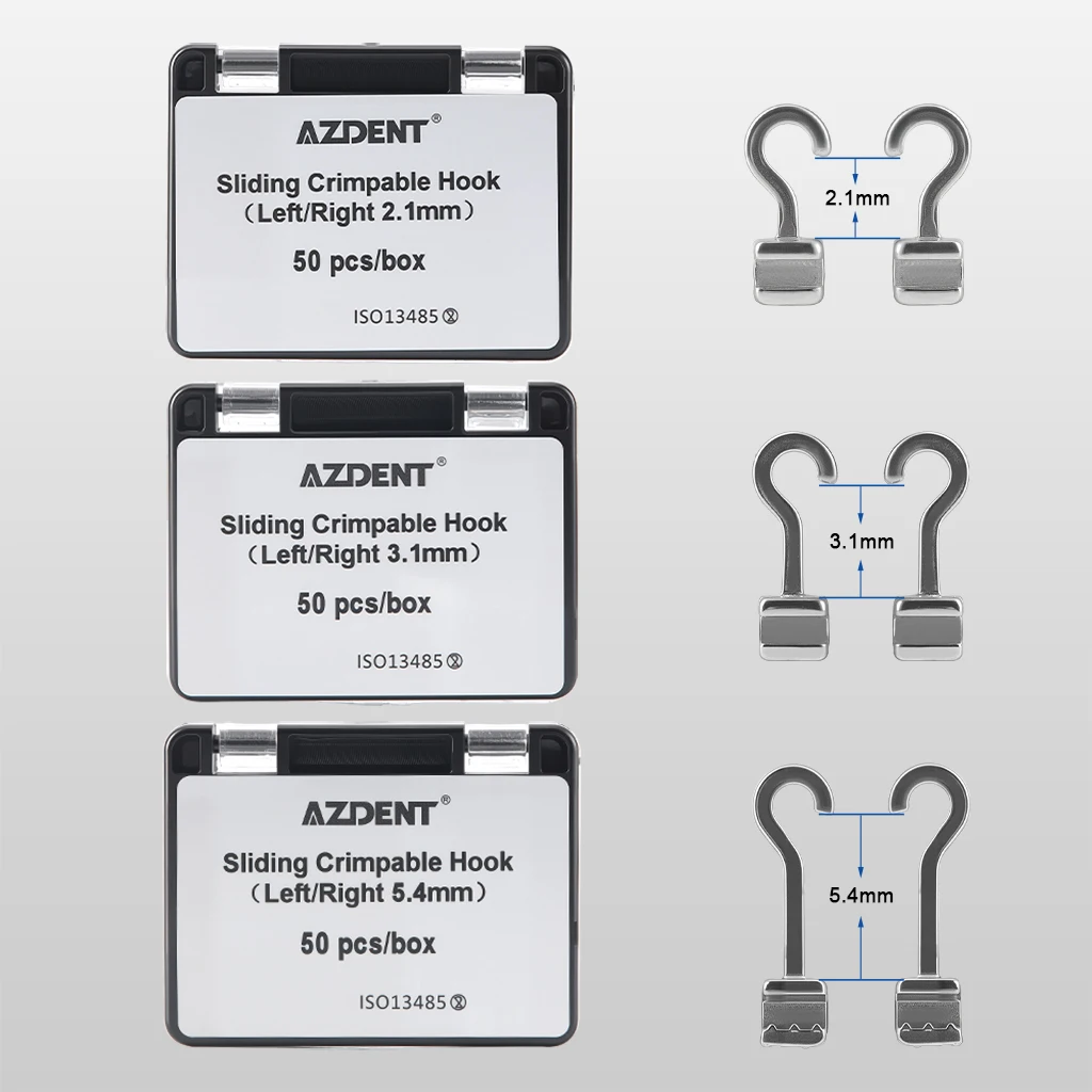 50 Stück/Box AZDENT Dental Kieferorthopädische Gleitende Crimpbare Haken Lang Rechts/Links Gebogene Crimpbare Haken 2,1/3,1/5,4mm Passend für Drahtbögen – Detail 10