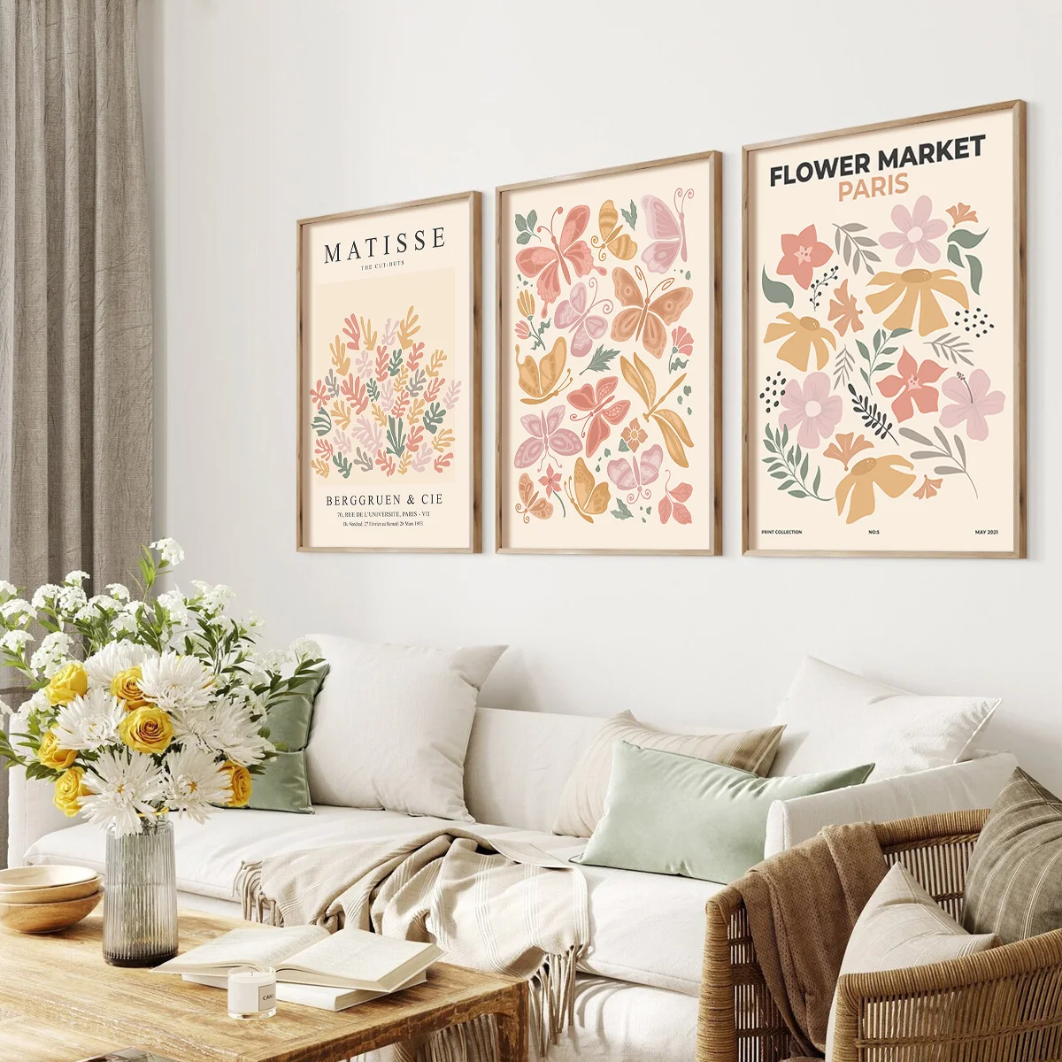

3pcs/Set Butterfly Flower Abstract Murals, Matisse Art Prints, Colorful Canvas Posters, Gallery Mural Decoration Aesthetic Decor