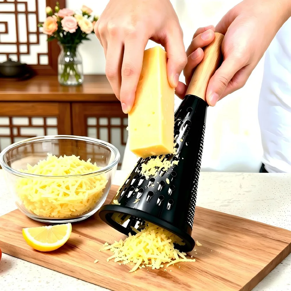 Stainless Steel Black Conical Vegetable Grater Wooden Handle Upright Cheese Grater Heavy-Duty 3 Mode Vegetables Slicer Carrot