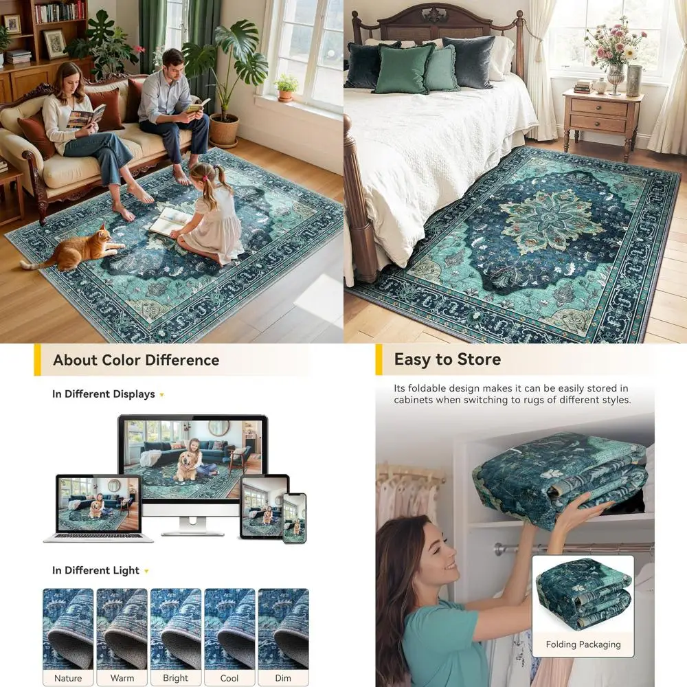 

Area Rugs 5'x7' Washable Non-Slip, Floral Vintage Distress Print Pattern Medallion Carpet for Living Room Bedroom Dining Room, T