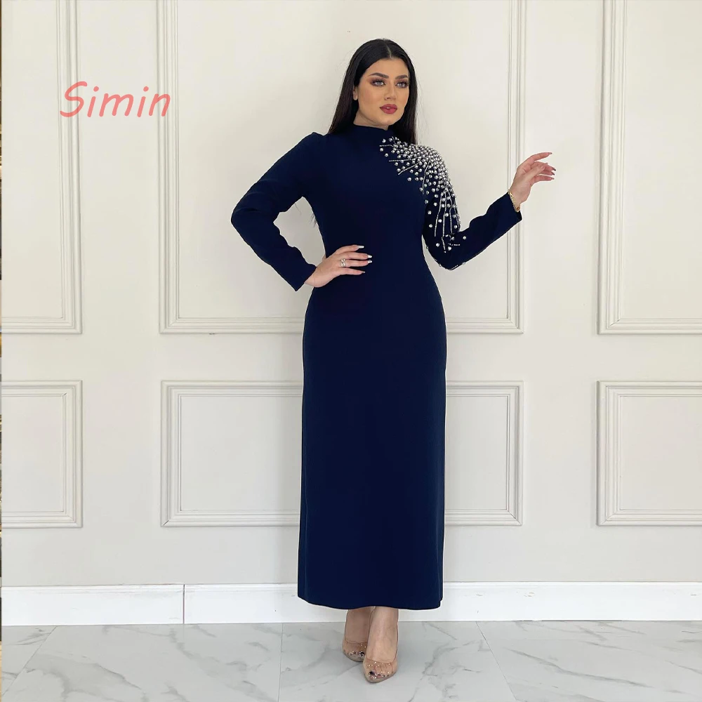 Simin High-Neck Straight Luxury  Beaded Long-Sleeves Ankle-Length robes de soirée Saudi Arab Evening dresses for women 2024