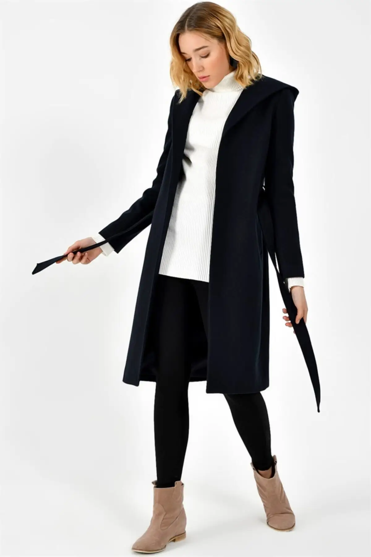 Women's Coats Navy Blue Long Hooded Belted Thick Stylish Elegant Useful 2021 Winter Autumn Fashion Clothing Coats Keep Warm
