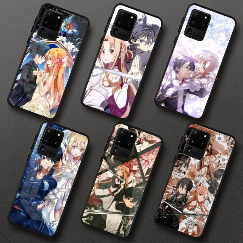 SAO Kirito Asuna Smart Phone Case for Samung S23 S22 S21 Pro Ultra A13 A33 A53 NOTE 20 PC Glass Phone Cover Funda