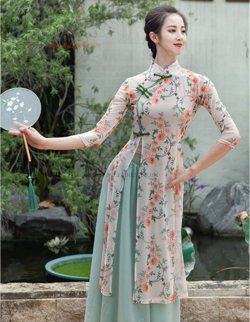 2025 women vintage dance dress chinese traditional flower print mesh qipao tops+pants set folk dance stage performance dress