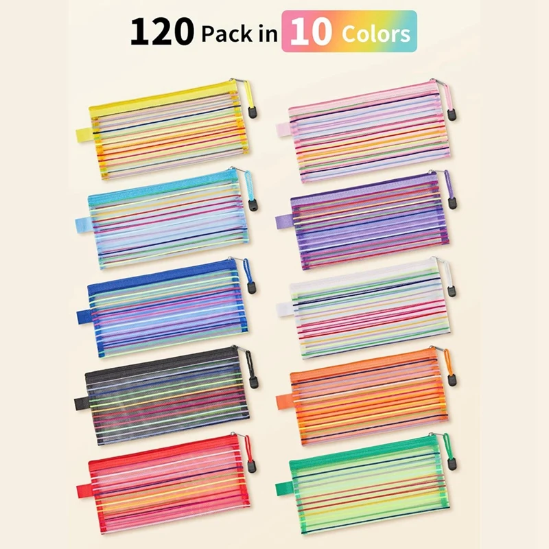 LUDA 120Pcs Mesh Zipper Pouch,Zipper Pouch In 10 Colors,Multipurpose Zipper Bags For Organizing Makeup Essentials,Office image 2