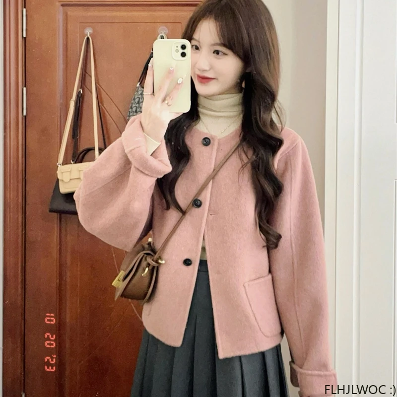 Cute Short Jackets Pink Retro Vintage Preppy Design Chic Korea Japan Style Girls Office Lady Woolen Coats 2024 Winter Spring