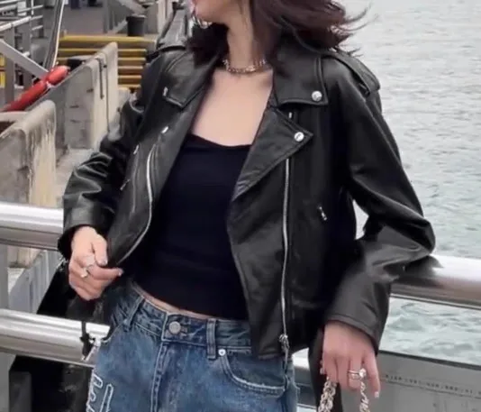 Bla Echtleder Biker Jaet Damen ort Sle Faionable Vielseitiger Motorradmantel mit hoher Taille Trendiger Eepskin-Mantel