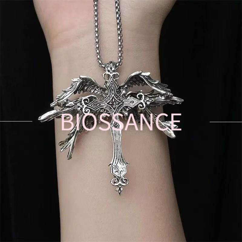 BIOSSANCE New Fashion And Exquisite Retro Seraph, Death Sickle Cross Pendant Necklace For Men And Women Jewelry Accessories Gift