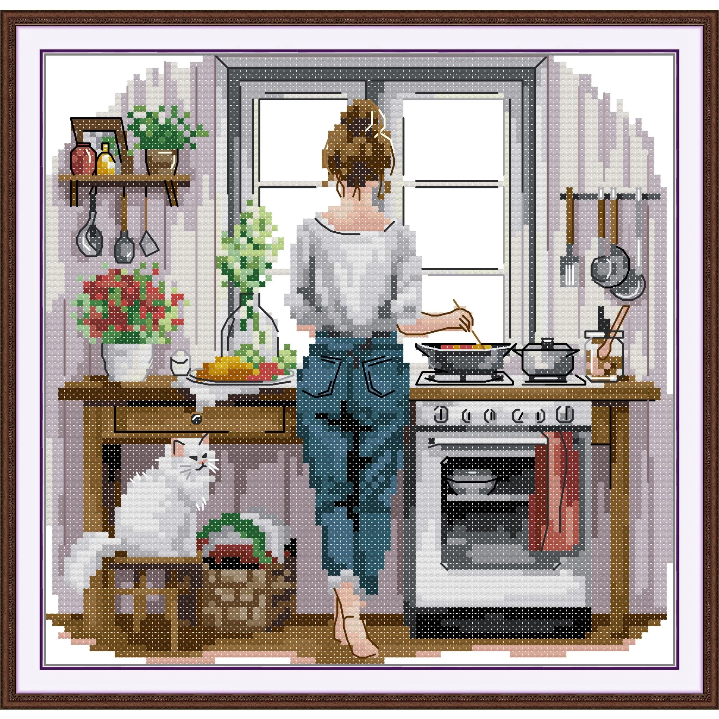 

Joy Sunday Pre-printed Cross Stitch Kit Easy Pattern Aida Stamped Fabric Embroidery Set-Cooking Woman